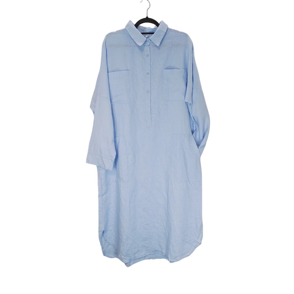 Cozinen Long Sleeve Midi Shirt Dress Half Button Front Loose Fit Blue Womens XL - Picture 3 of 10